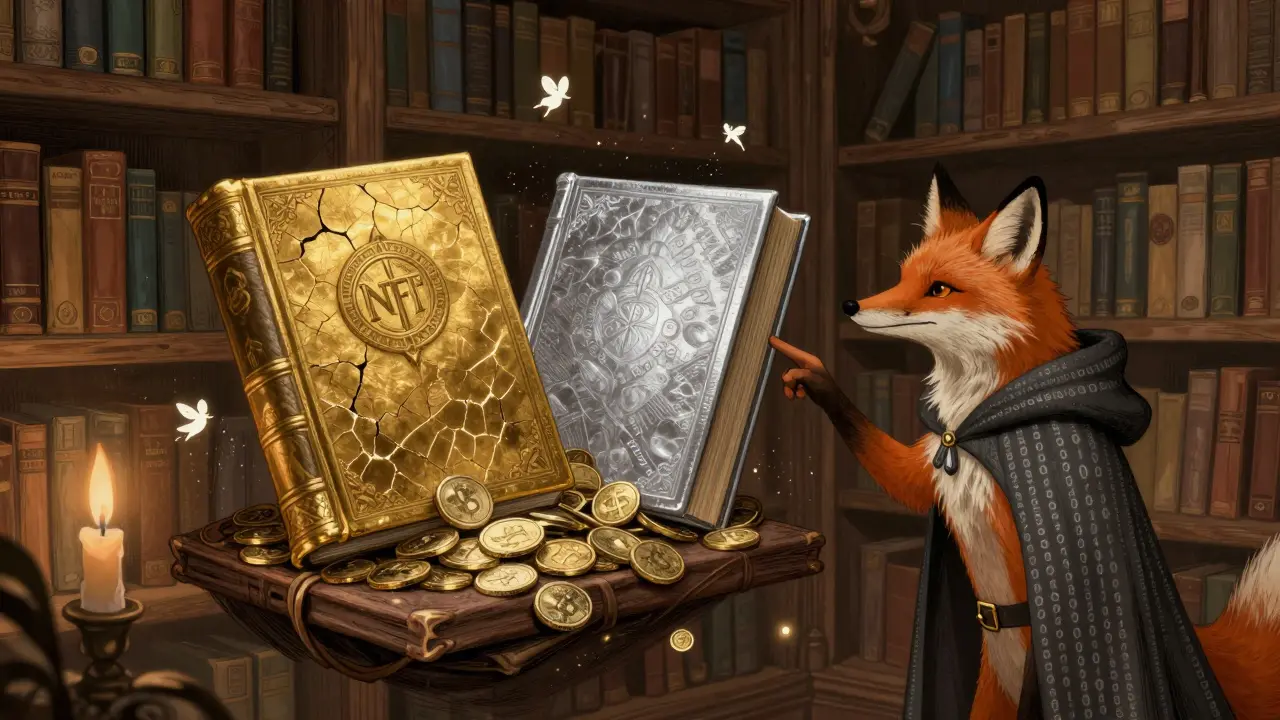 In einer geheimen Bibliothek schweben zwei Bücher: eines mit einem einzigartigen Emblem, das andere mit vielen gleichen Münzen, beobachtet von einem weisen Fuchs.