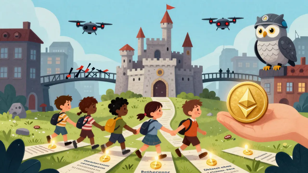 Kinder folgen einem Pfad aus Seed-Phrasen zu einer Burg aus dezentralen Börsen, während Drohnen sie beobachten.