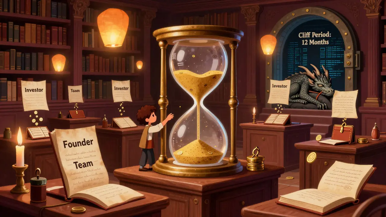 Magische Bibliothek mit schwebenden Smart Contracts und einem Sanduhr-Apparat, der Token-Freigaben steuert, umgeben von goldenen Lichtern.