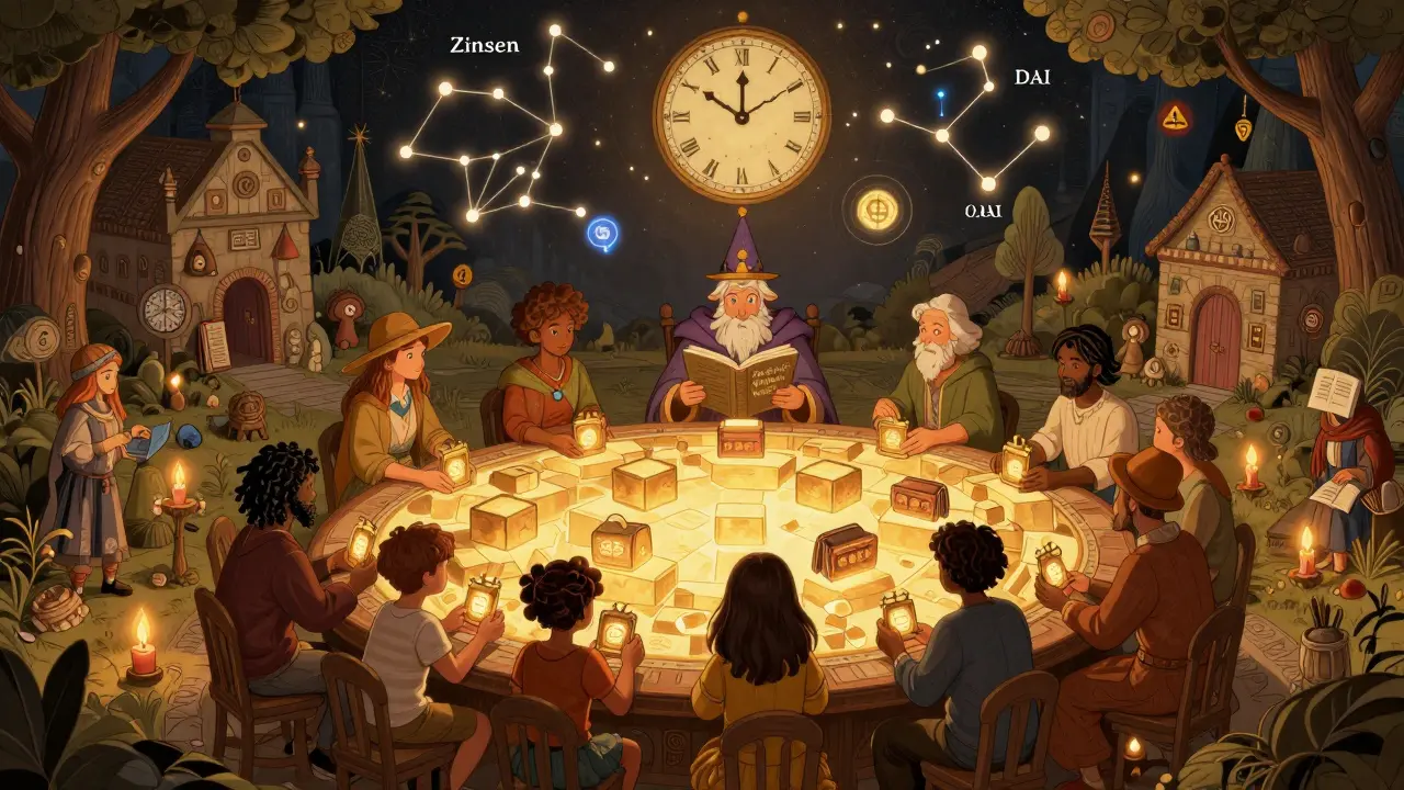 Menschen aus aller Welt sitzen um einen Blockchain-Tisch, während ein weiser Zauberer das Buch 'DeFi: Keine Bank nötig' vorliest.