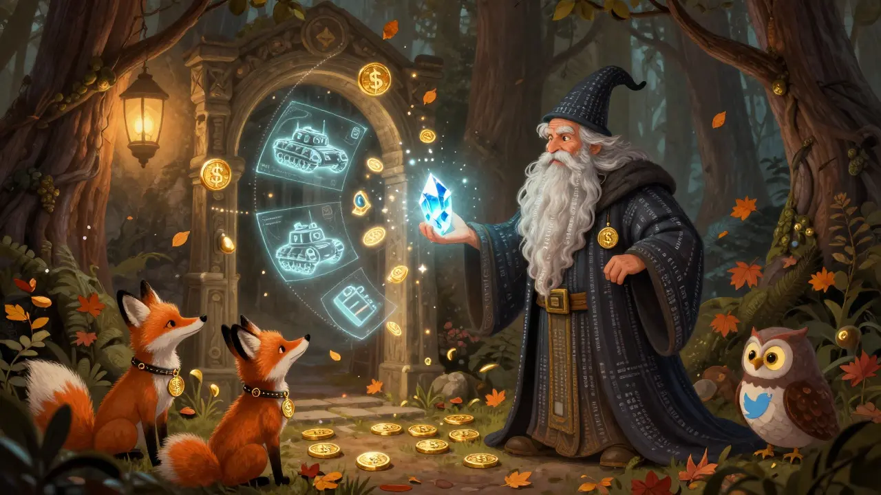 A wizard with blockchain-code beard stands before a portal, projecting holograms of tanks and wallets, surrounded by crypto-themed forest creatures.