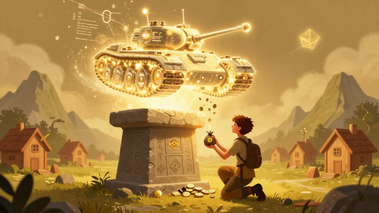 A young adventurer offers tokens at an altar as a spectral NFT tank descends from the clouds, casting golden light over a peaceful village.