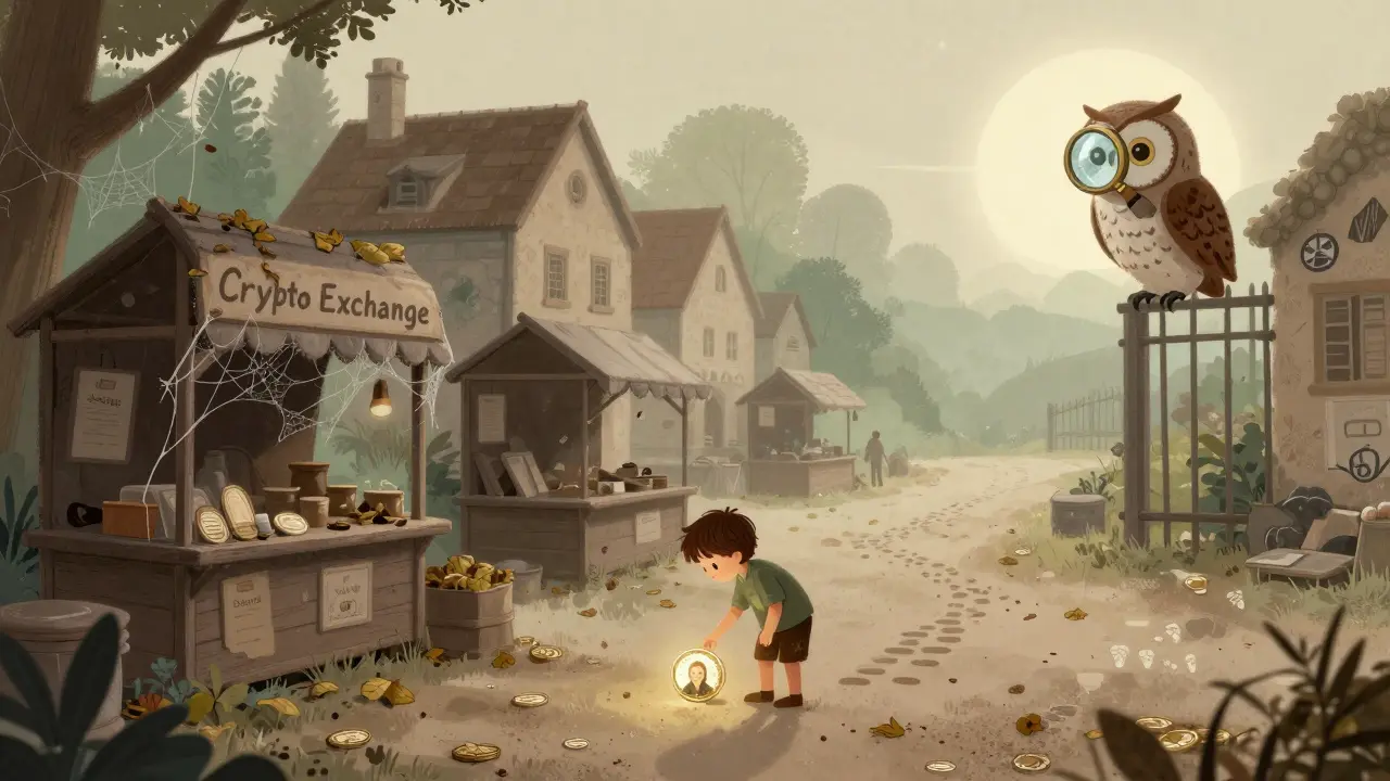 An abandoned crypto market square at dawn, a child finds a glowing coin reflecting thousands of faces.