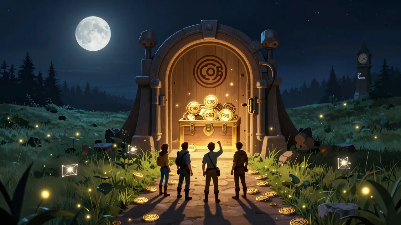 Drei Abenteurer stehen vor einem geheimen Tresor, der mit C98-Token-Pfaden beleuchtet ist, während Schätze hinter der Tür glitzern.