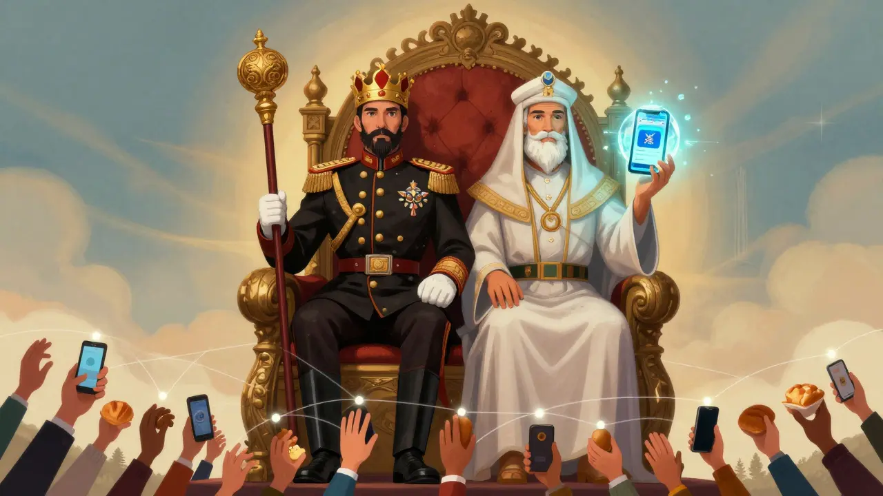 Dual-faced throne: one side a general with a crumbling Kyat scepter, the other a figure holding a glowing DMMK app.