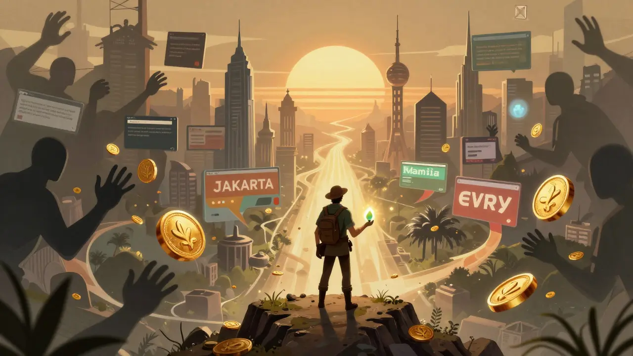 Ein Abenteurer hält einen EVRY-Token wie eine Samenkugel, während falsche Websites im Schatten lauern und echte Städte im Morgenlicht leuchten.