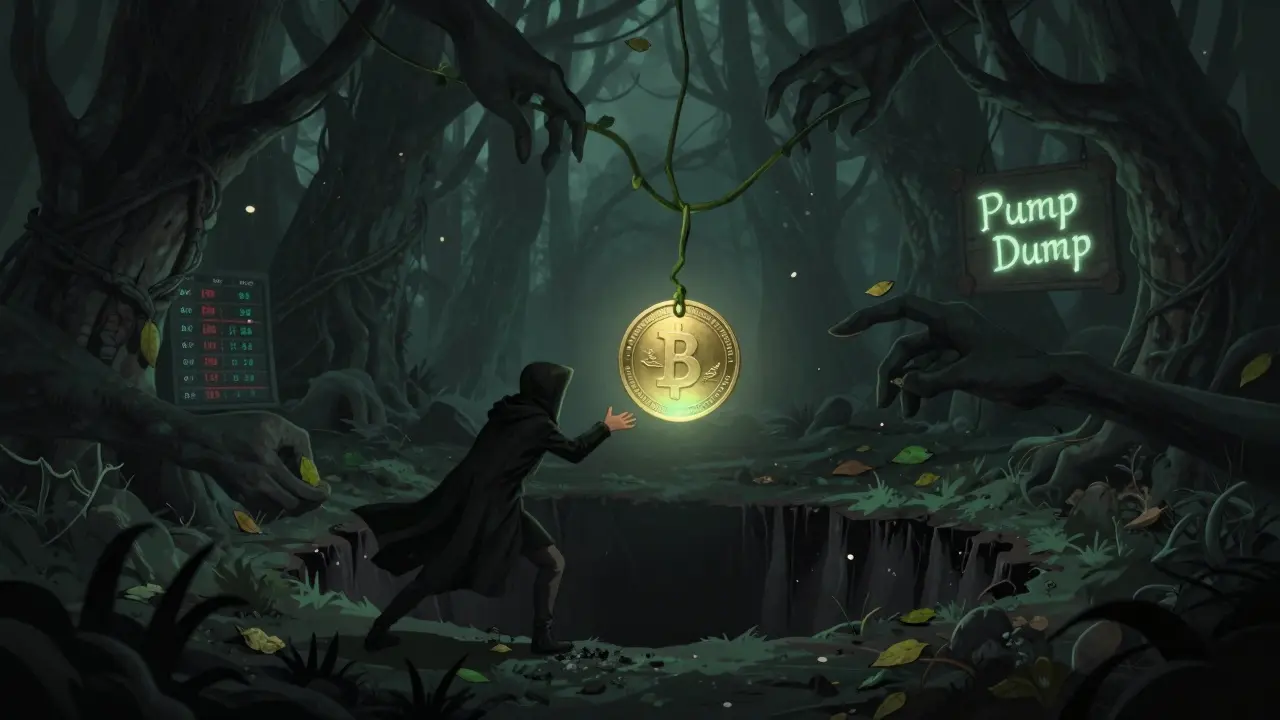 Ein dunkler Wald mit einem einzelnen, schwebenden Altcoin-Token, der von Schattenkräften nach unten gezogen wird.