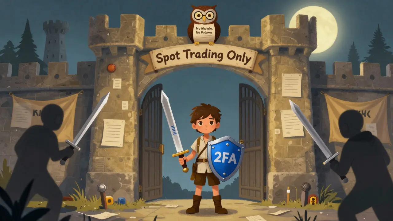 Ein Held vor einem Schloss mit 'Spot Trading Only'-Schild, während andere Händler mit Hebeln und Futures von den Toren abgewiesen werden.