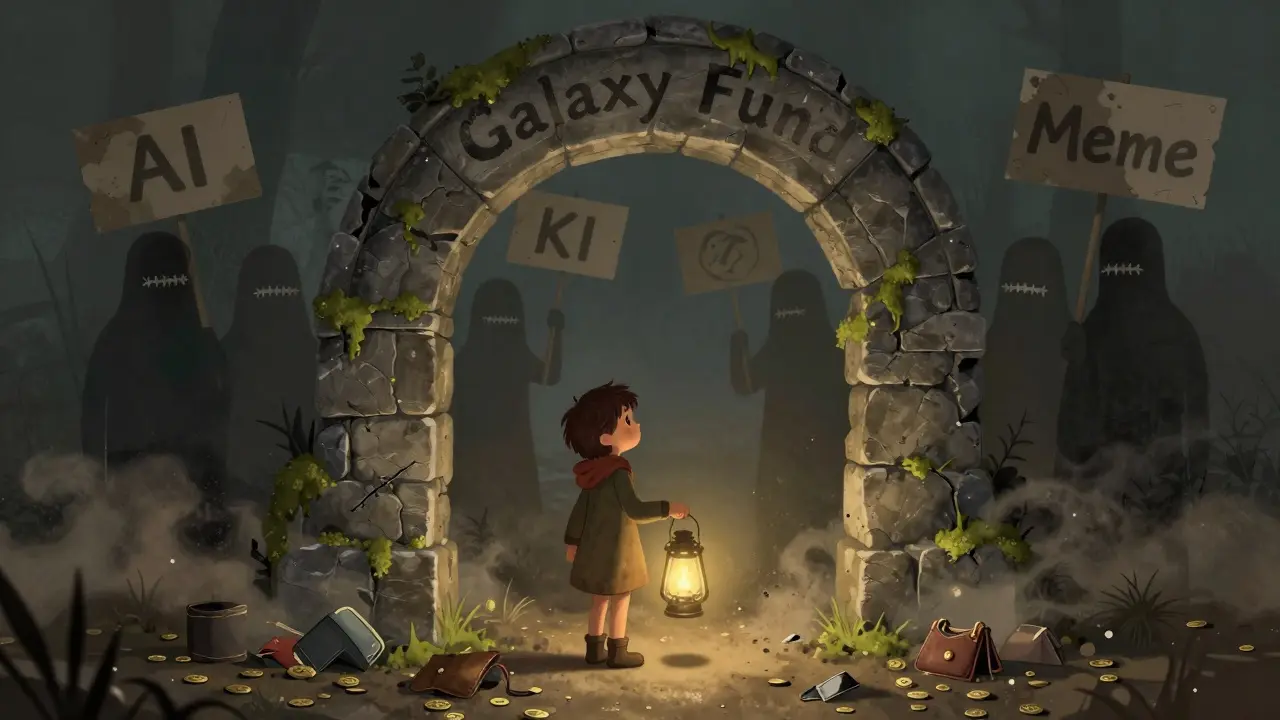 Ein Kind steht vor einem verfallenen Arch mit dem Namen 'Galaxy Fund', umgeben von schweigenden Schatten.