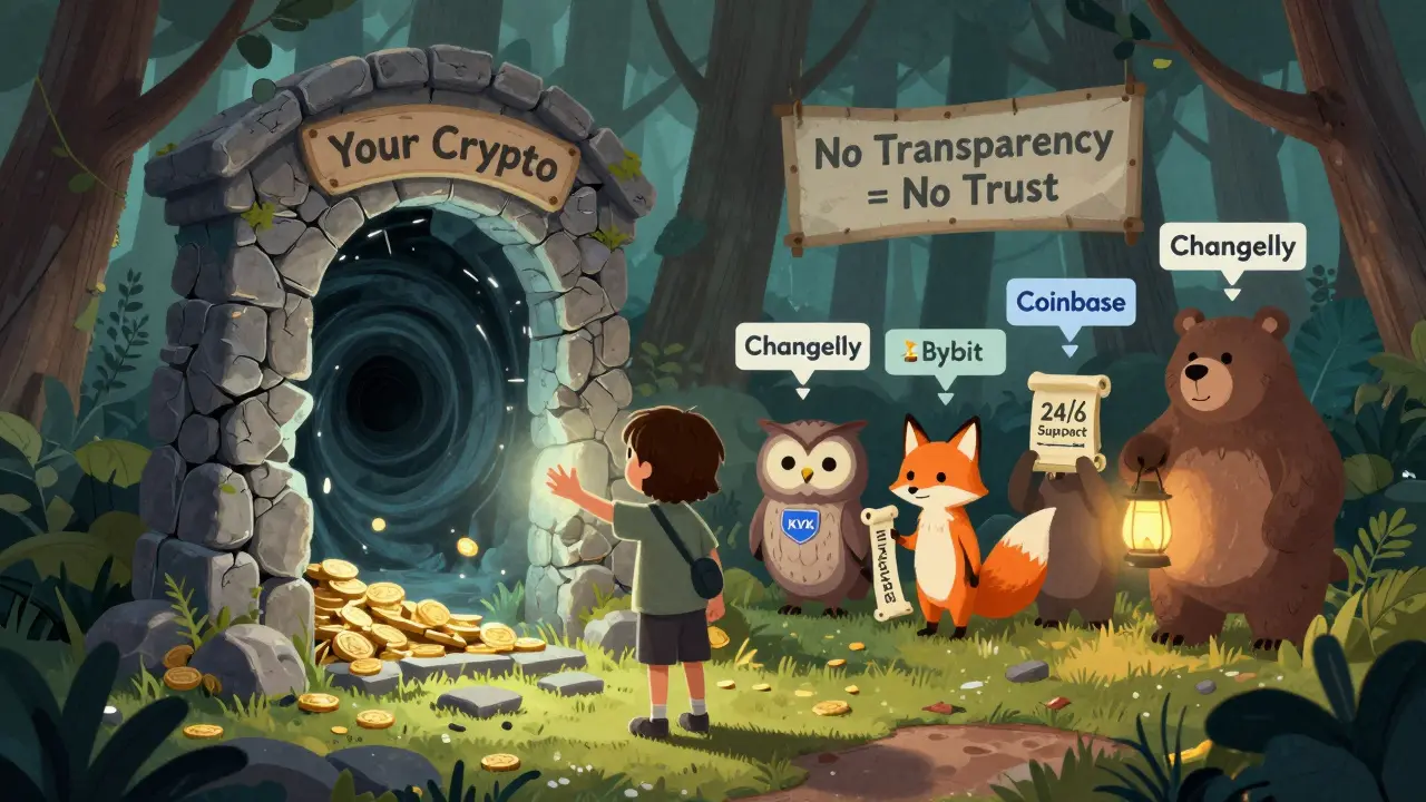 Ein Kind vor einem dunklen Tor mit dem Namen TCHApp, während freundliche Kreaturen sichere Alternativen zeigen.