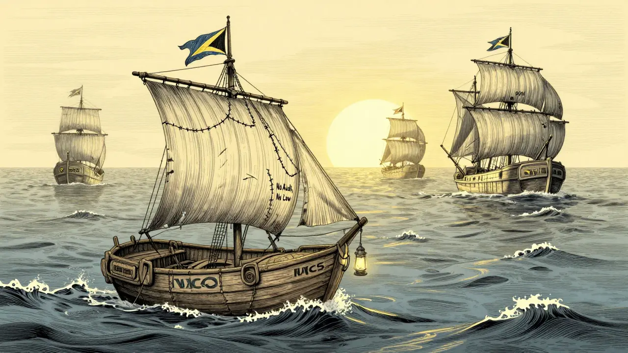 Ein kleines, treibendes Boot namens MCS auf einem stillen Blockchain-Ozean, mit einer schwachen Laterne und Seychellen-Flaggen.