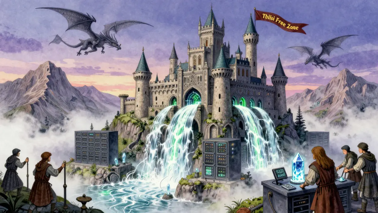 Ein magisches Rechenzentrum auf einem georgischen Berg, angetrieben von Wasserfällen und von binären Drachen umschwärmt.