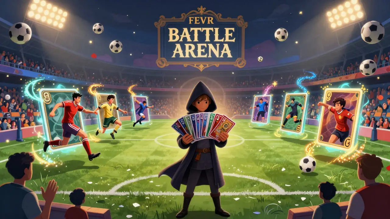 Ein magisches Stadion, in dem NFT-Fußballspieler aus Karten springen und um einen Zauberspieler kämpfen.