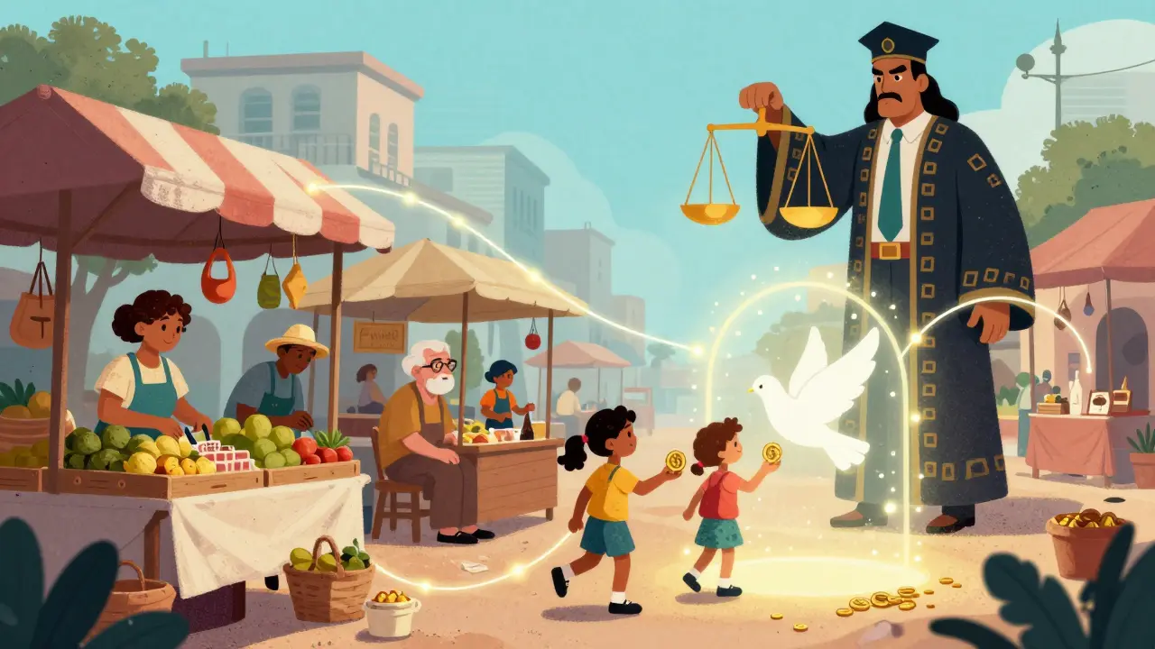 Ein Markt in Kuba, wo Händler durch magische Lichtfäden miteinander verbunden sind, während Kinder digitale Münzen an Verwandte durch eine taubenförmige Pforte übergeben.