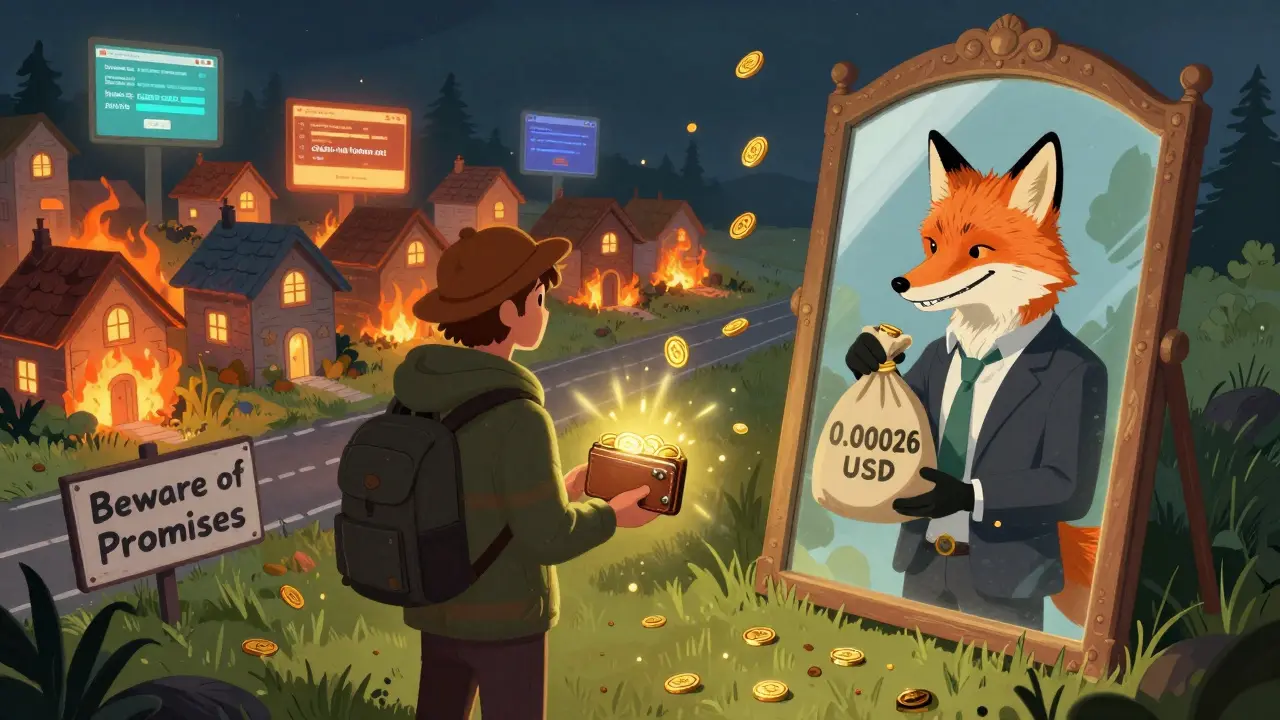 Ein Reisender blickt in einen Spiegel, der einen Fuchs zeigt, der falsche HAI-Token hält, während falsche Websites brennen.