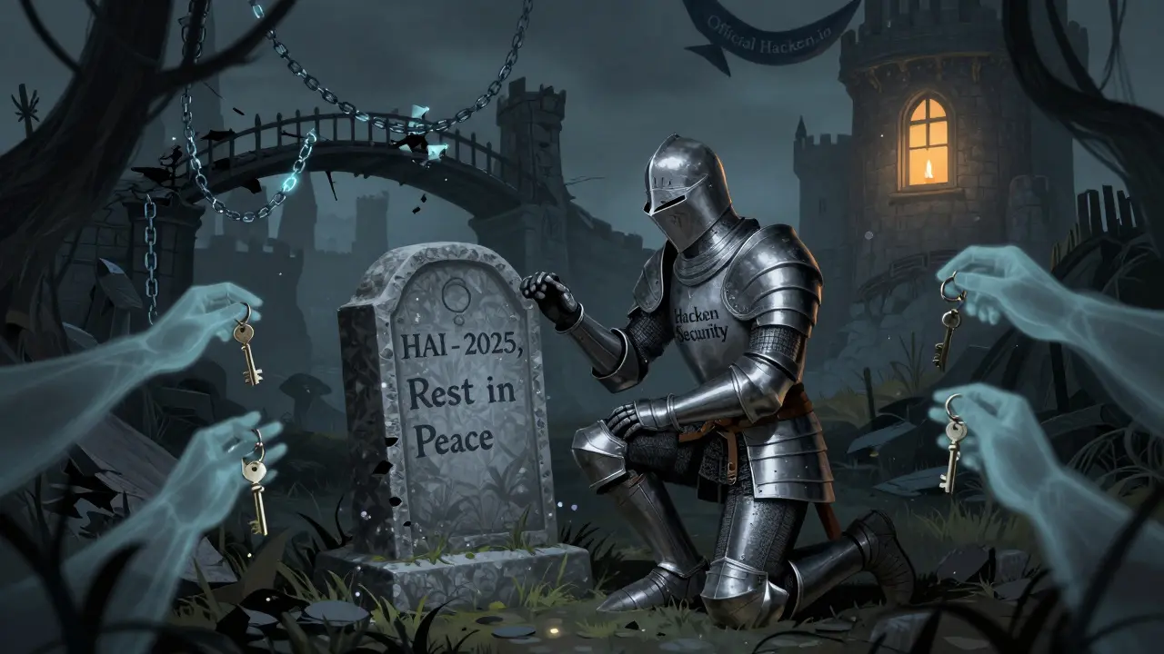Ein Ritter steht vor einem Grabstein mit dem Namen 'HAI', während geisterhafte Hände falsche Schlüssel anbieten.