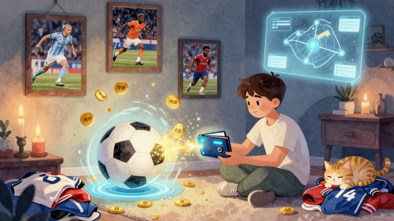 Ein Teenager verbindet eine digitale Brieftasche mit einem Fußballportal, während FEVR-Token wie Feenstaub fließen.