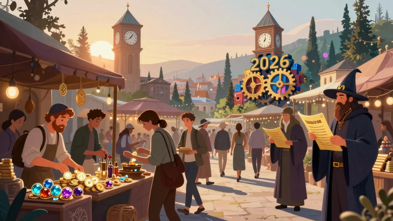 Ein verzauberter Markt in Tbilisi, wo digitale Coins als Edelsteine verkauft werden und Händler mit Compliance-Weisen handeln.