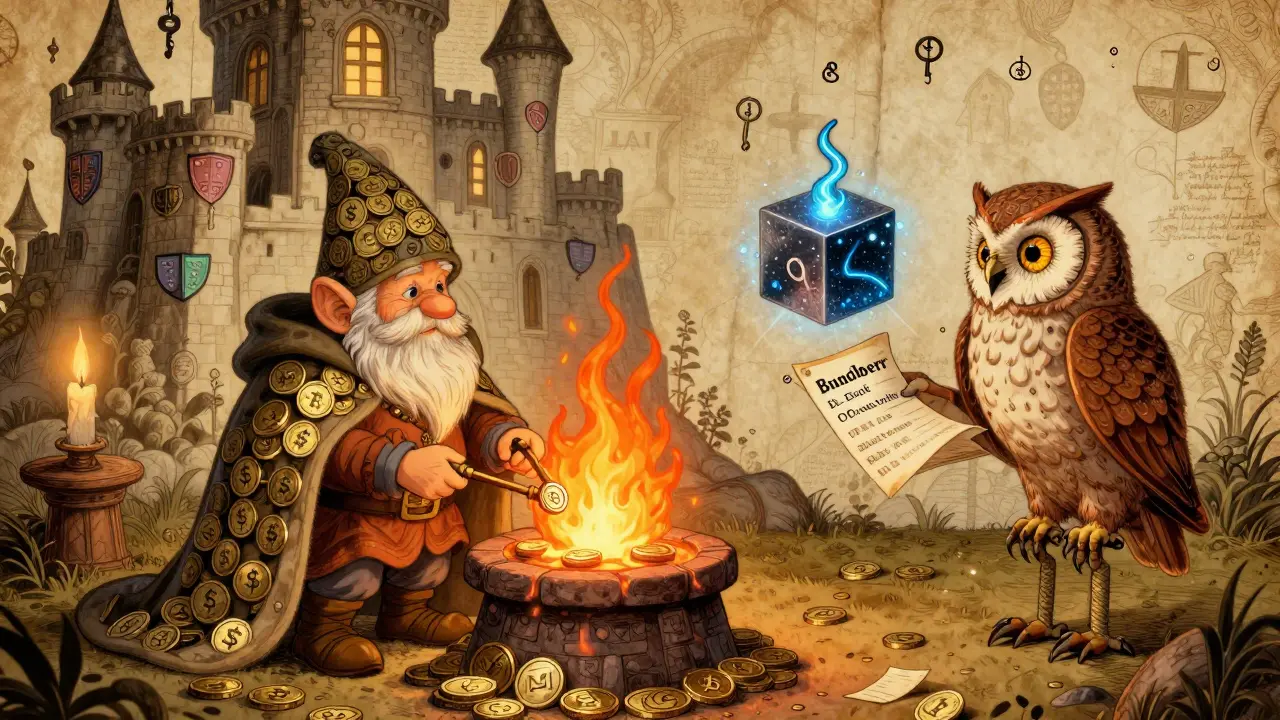 Ein Zaubergnom verwandelt USDC in ETH-Flamme, während eine Eule UserOperation-Scrolls sammelt.