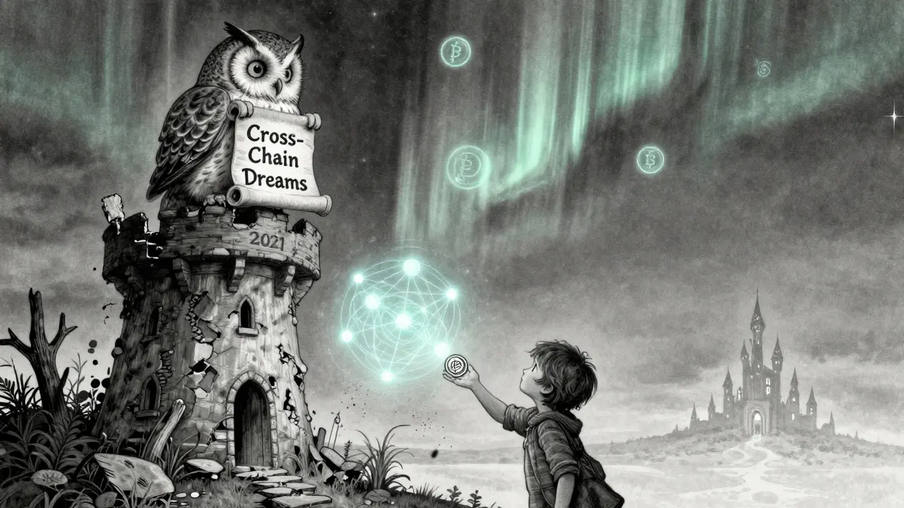 Eine alte Eule hält eine alte Schriftrolle, während ein Kind nach einem verschwundenen Blockchain-Netzwerk greift.