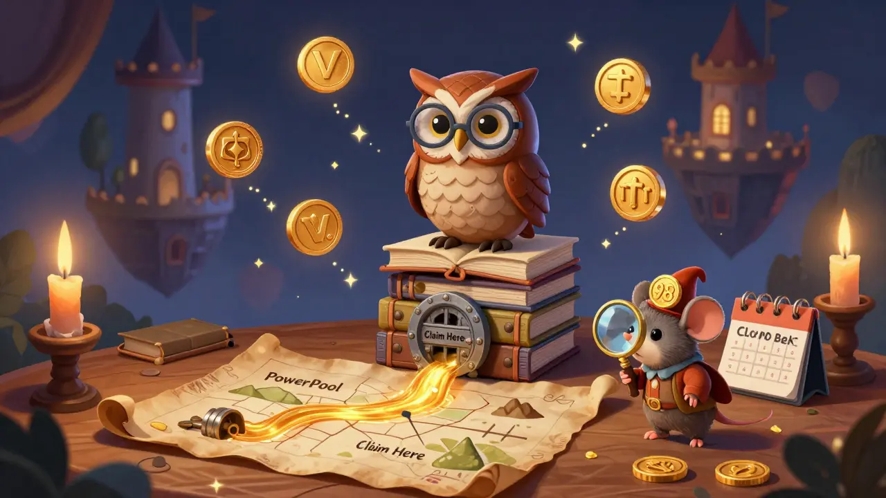 Eine Eule in einem Kristall-Schloss liest Ledger-Bücher, während bunte Token in der Luft tanzen und eine Karte zur Schatzkammer zeigen.