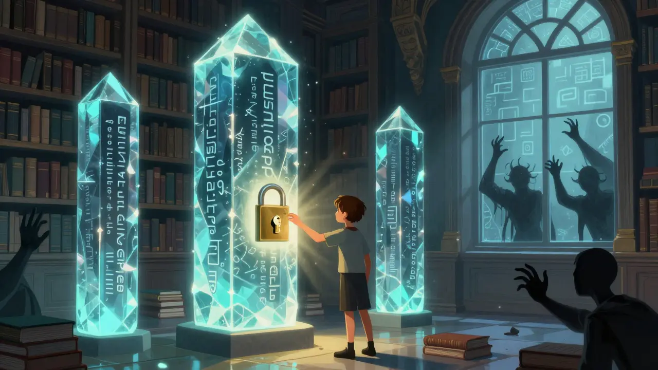 Eine geheimnisvolle Bibliothek mit kristallinen Blockchain-Säulen, in die ein Wähler einen Schlüssel einlegt.