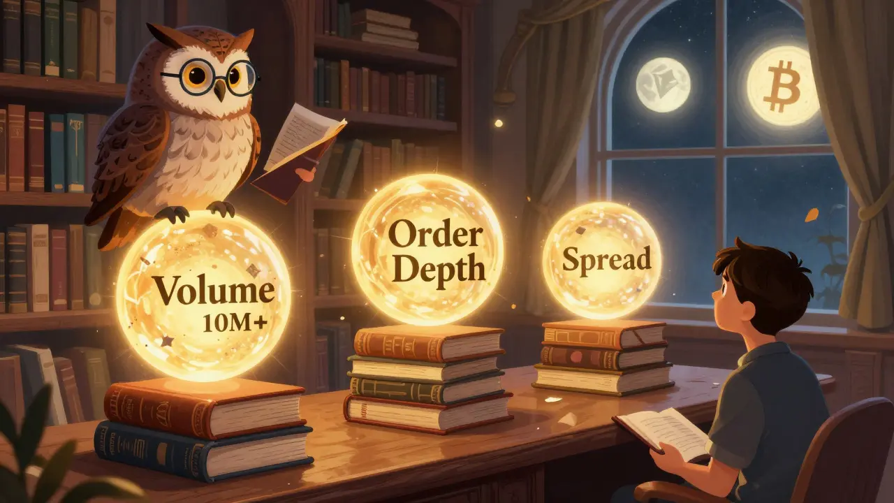 Eine magische Bibliothek mit drei leuchtenden Kugeln, die Liquiditätsindikatoren darstellen, bewacht von einer weisen Eule.