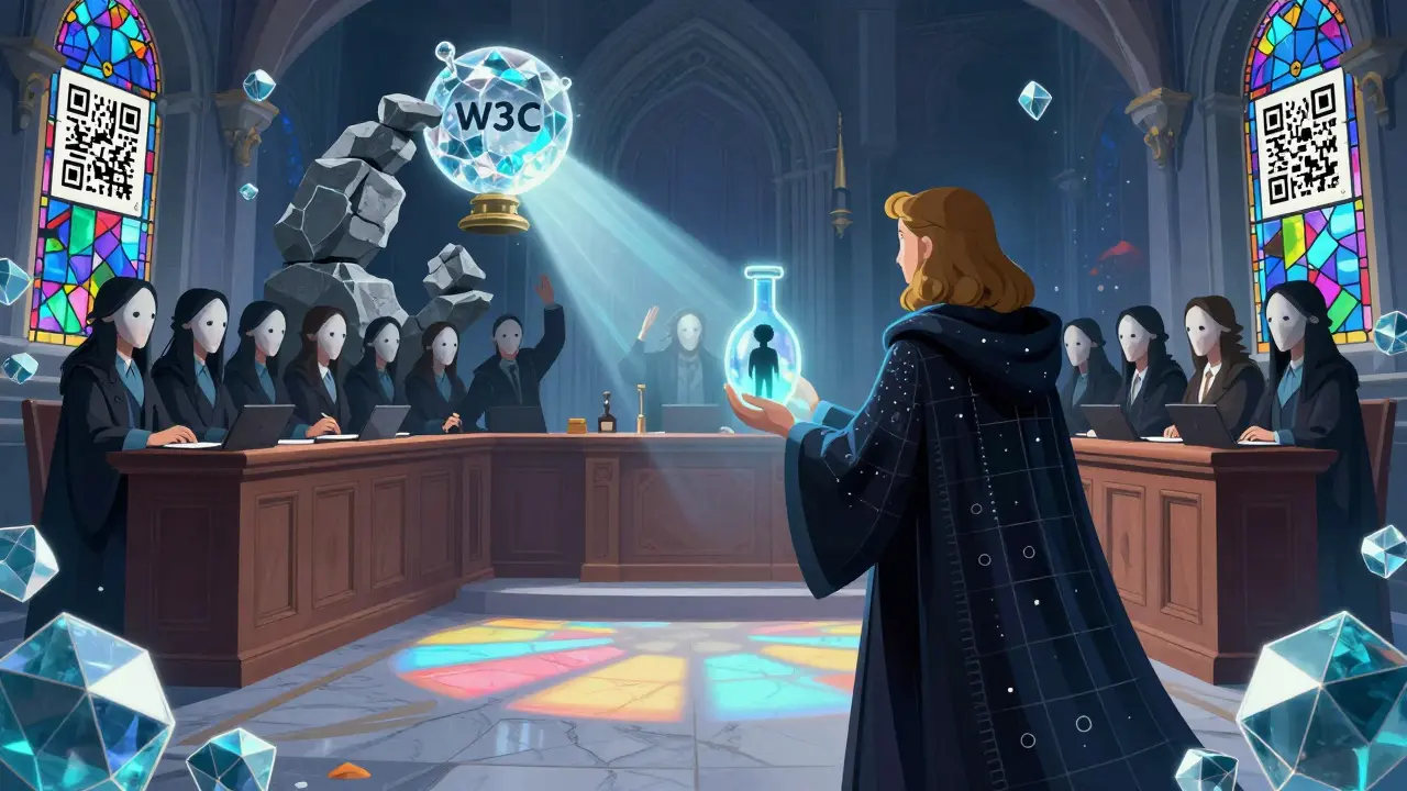 Eine magische Gerichtshalle mit einem Richter, der ein menschliches Silhouetten-Phantom prüft, während duplizierte Gesichter in Stein verwandelt werden.