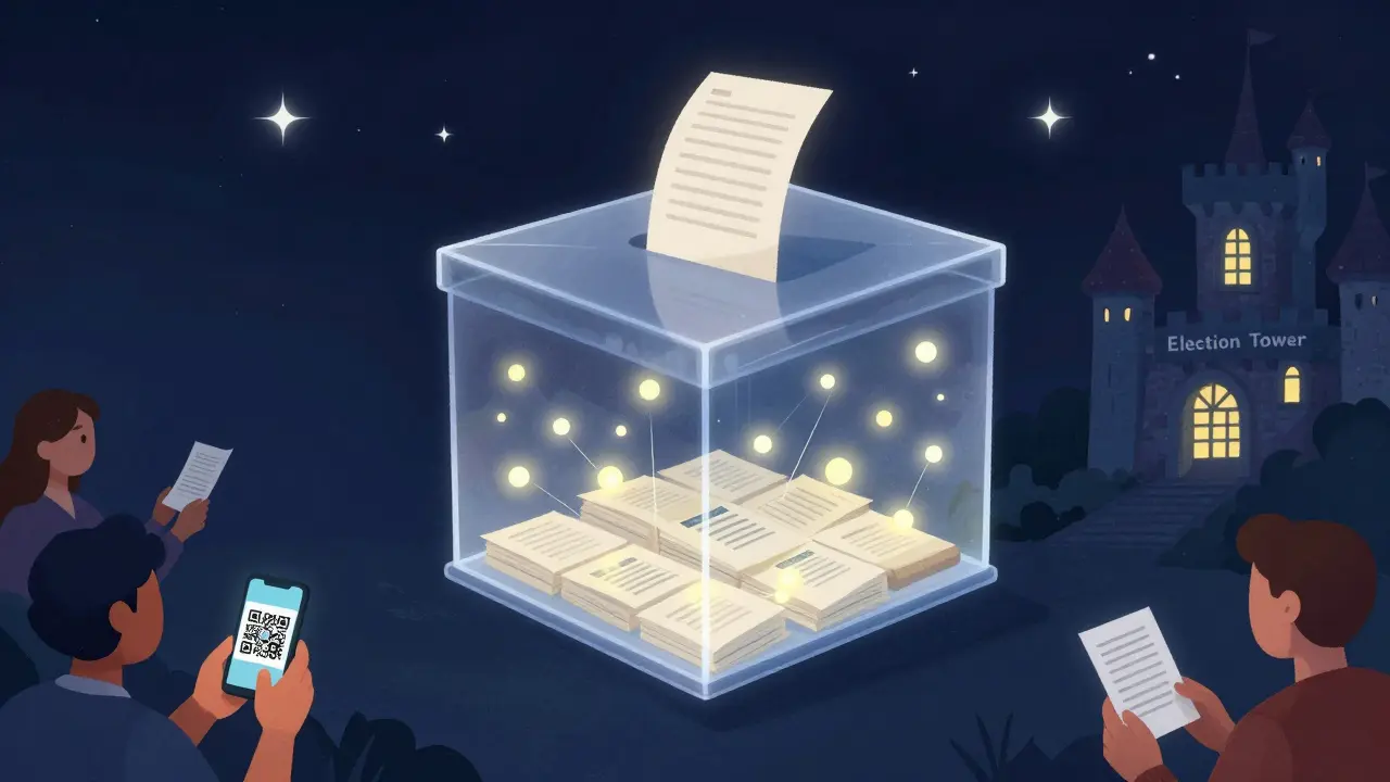 Eine schwebende, durchscheinende Urne mit verschlüsselten Stimmen als Lichtkugeln, verbunden mit Wählern auf der Erde.