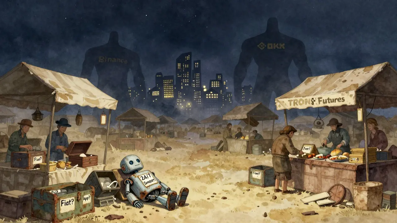 Eine verlassene Marktstraße mit leeren Kisten und einem verrosteten Roboter, während große Börsen in der Ferne blühen.