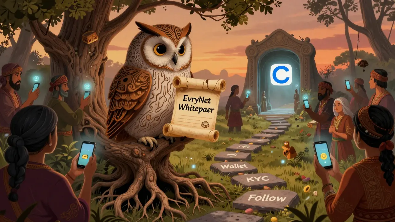 Eine weise Eule mit Blockchain-Federn hält ein Scroll mit EvryNet-Whitepaper, während Dorfbewohner digitale Wallets halten.