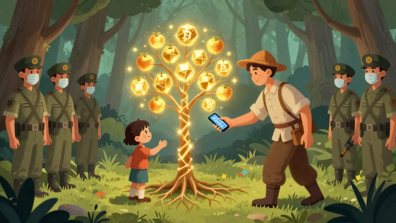Farmer giving a smartphone to a child, showing a glowing blockchain tree with USDT fruits, soldiers frozen at the edge.