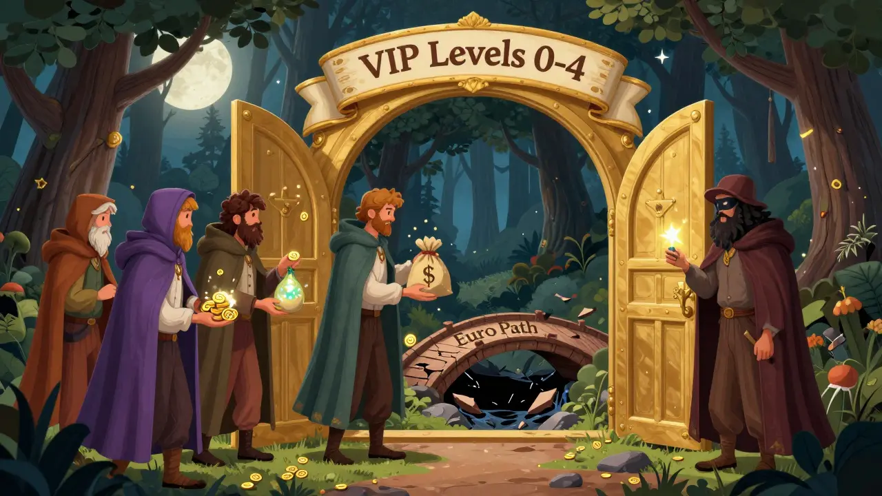 Golden VIP vault in an enchanted forest where traders exchange tokens, while a broken bridge to Euro payments collapses into darkness.