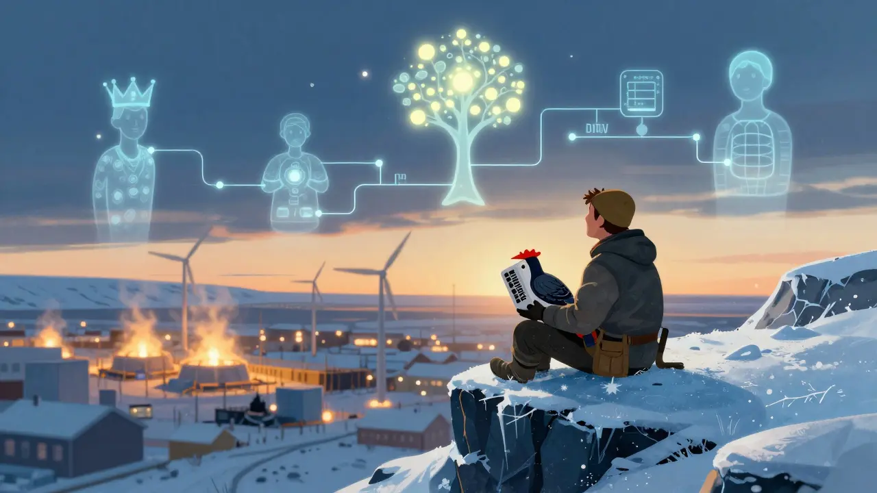 Lone miner with broken rig, overlooking new renewable energy plants and glowing blockchain flowers.
