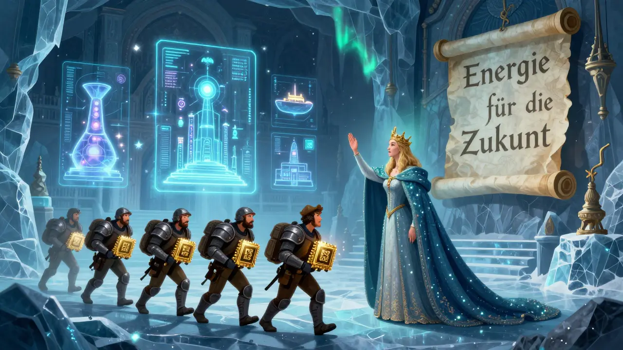 Queen halting miners in an ice hall, while holograms of green industries glow behind her.