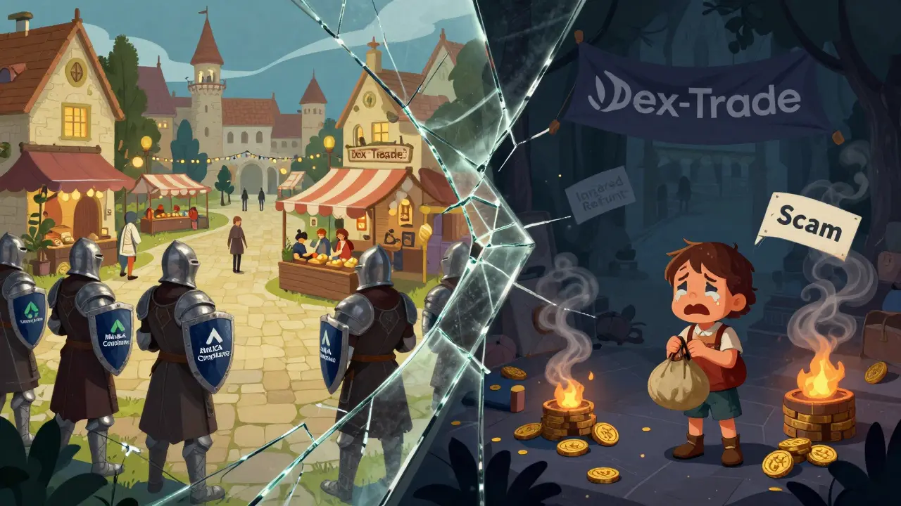 Split mirror showing safe regulated exchanges on one side and a shadowy Dex-Trade bazaar with burning tokens and a crying child.