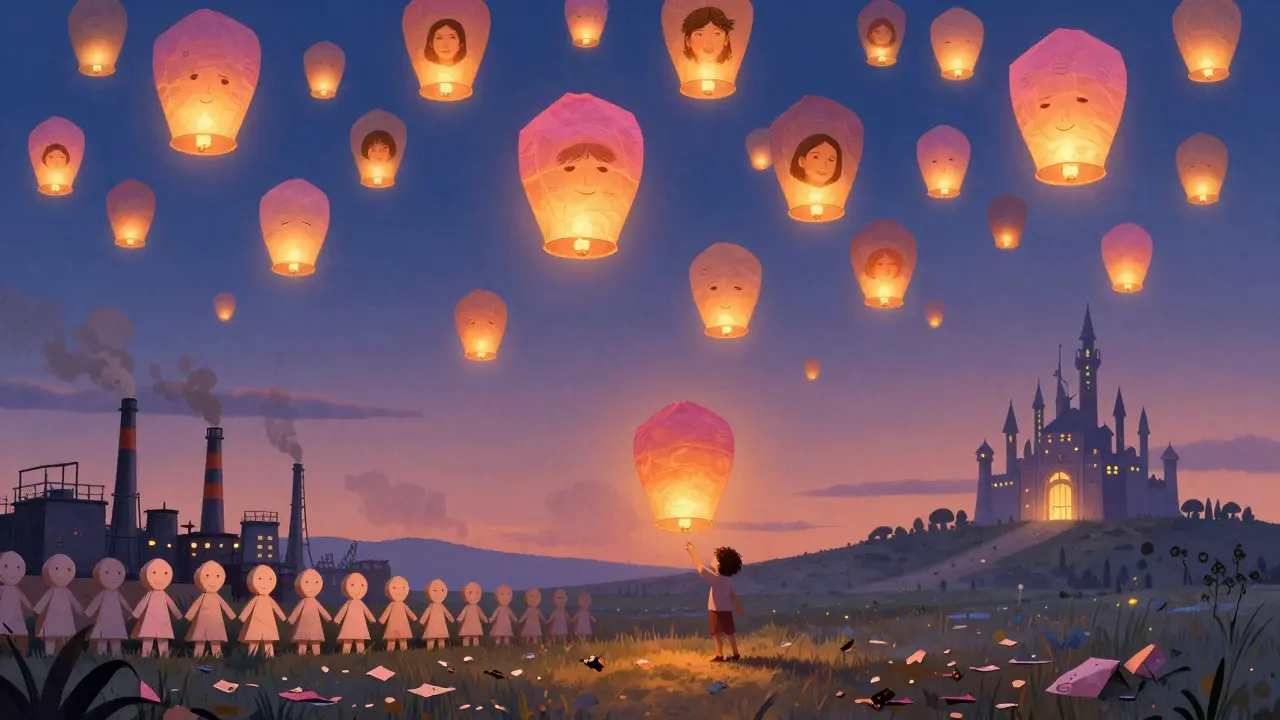 Tausende leuchtende Laternen mit einzigartigen Gesichtern steigen in den Himmel, während identische Papiersoldaten zu Asche werden.