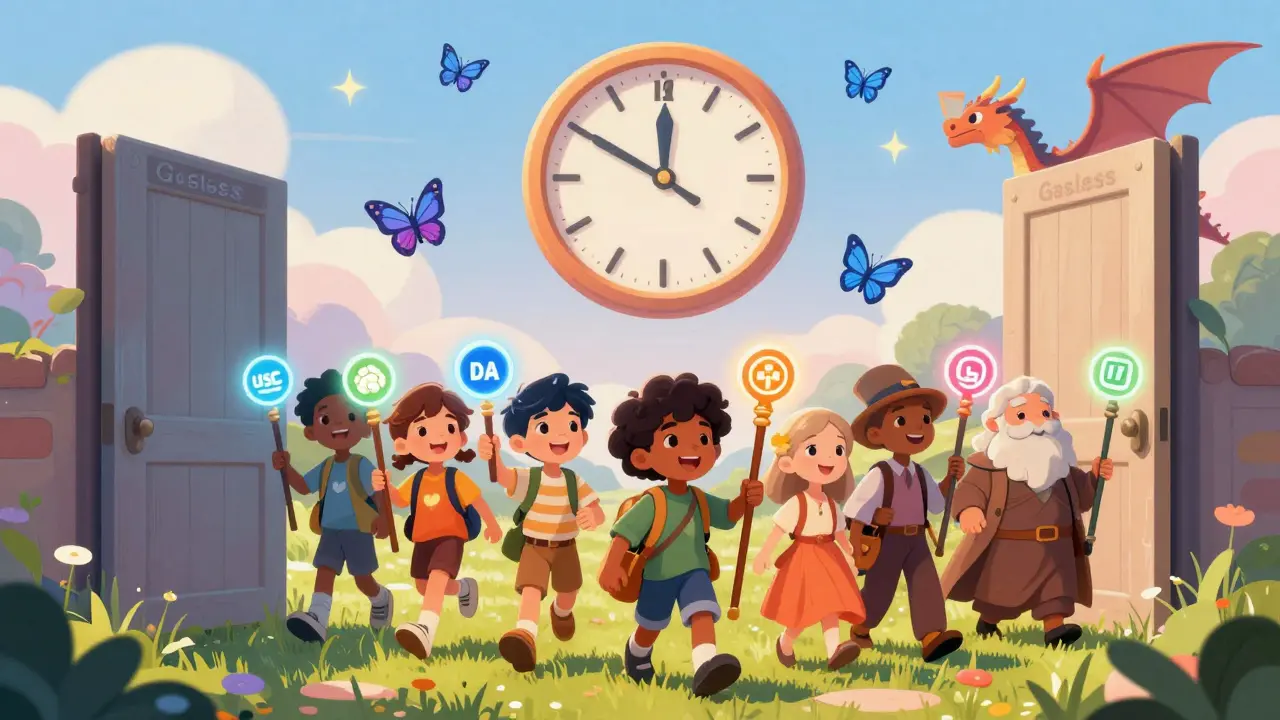 Verschiedene Nutzer betreten eine gasfreie Welt, gehüllt in Licht, während Smart-Account-Stäbe leuchten und Drachen sie beschützen.