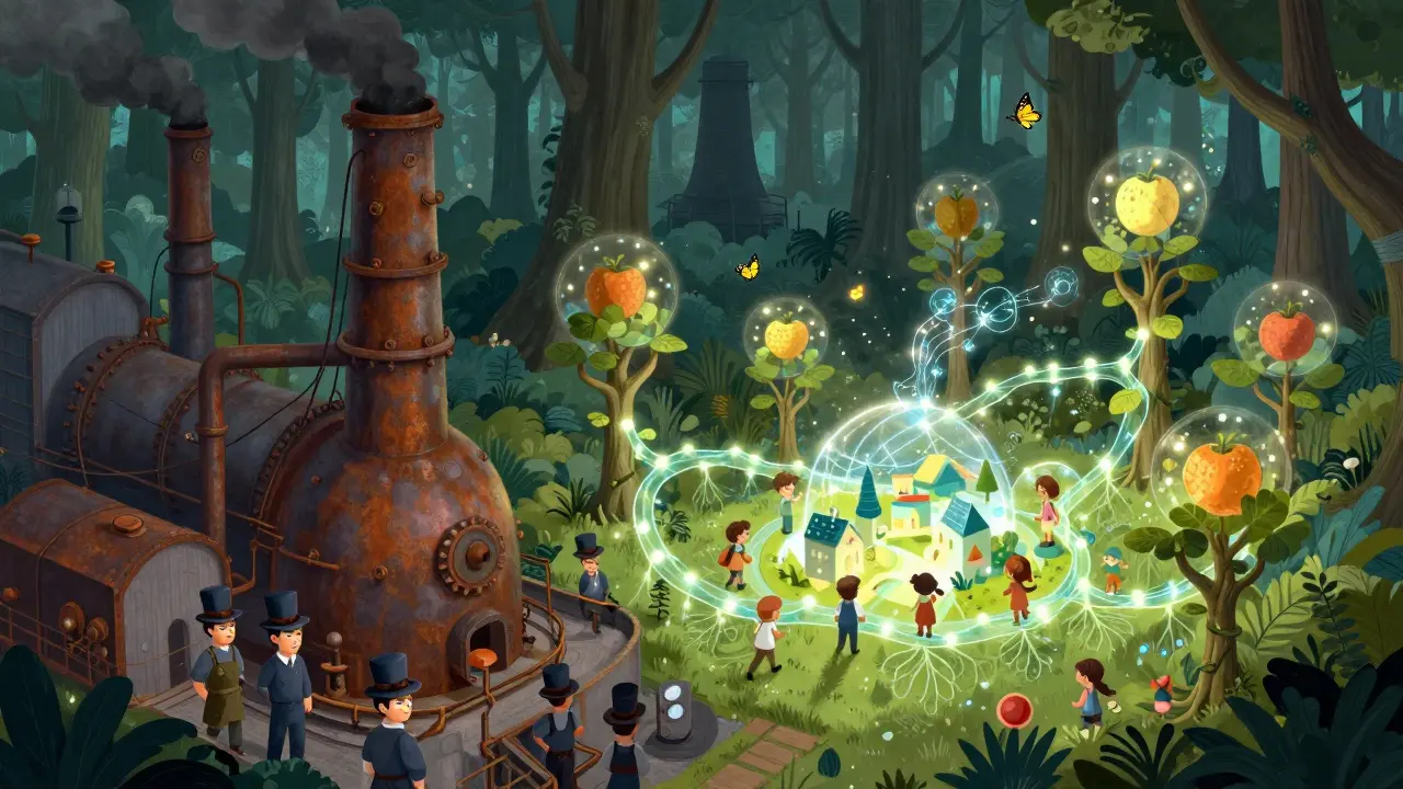 Whimsical contrast: a dark steam power plant versus a glowing forest of sensor trees with blockchain vines and sparkling fruit.