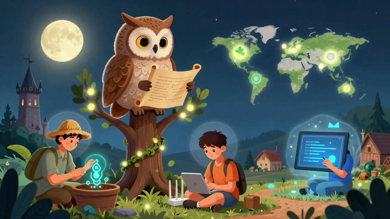 Wise owl atop a blockchain tree, guiding farmers and developers in a world where traditional and decentralized infrastructure coexist.