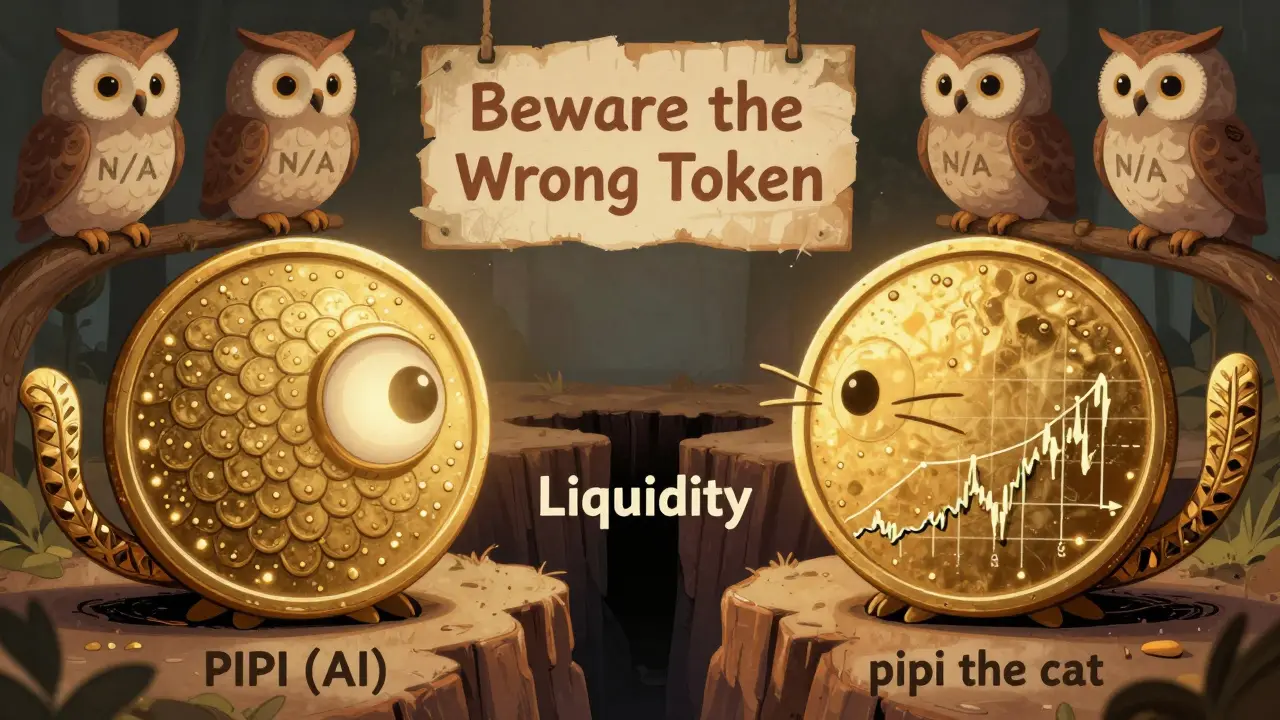 Zwei PIPI-Münzen stehen sich gegenüber — eine mit KI-Augen, die andere als Katze — getrennt von einer leeren Kluft.