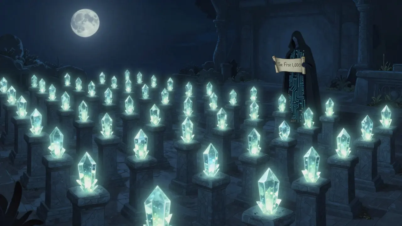 1.000 leuchtende Kristall-NFTs auf Steinpfeilern in einer stillen Mondscheinkulisse, von einer schattenhaften Figur beobachtet.