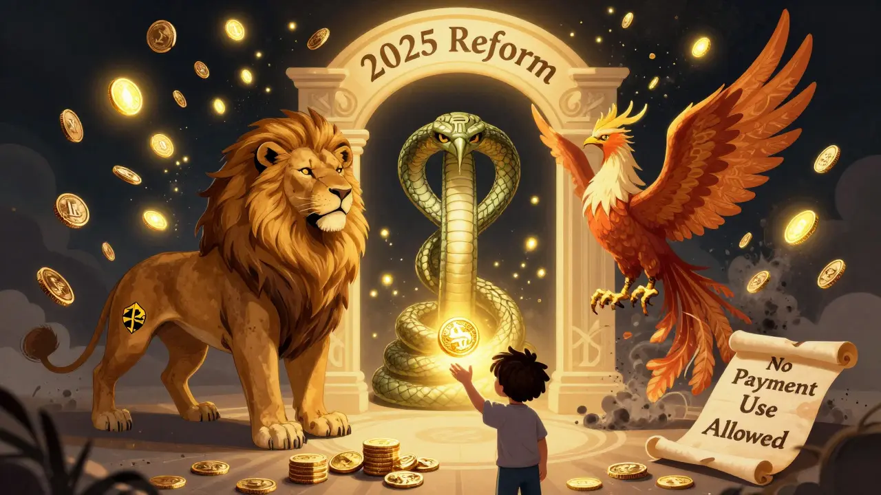 Drei Wächter halten eine Kette aus digitalen Coins zurück, nur 150 bleiben hell, während Zahlungsnutzung verboten ist.