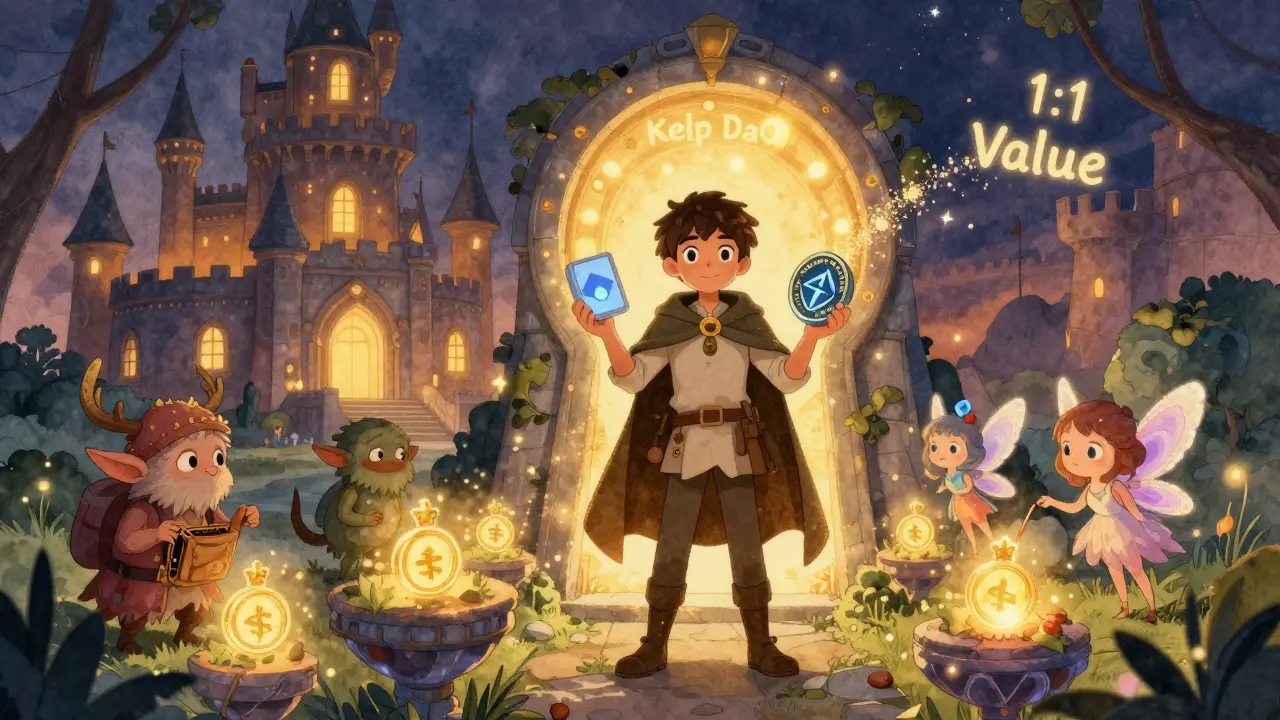 Ein Abenteurer hält rsETH und WRSETH, während zauberhafte Wesen in Layer-2-Königreichen mit den Tokens yield farming betreiben.