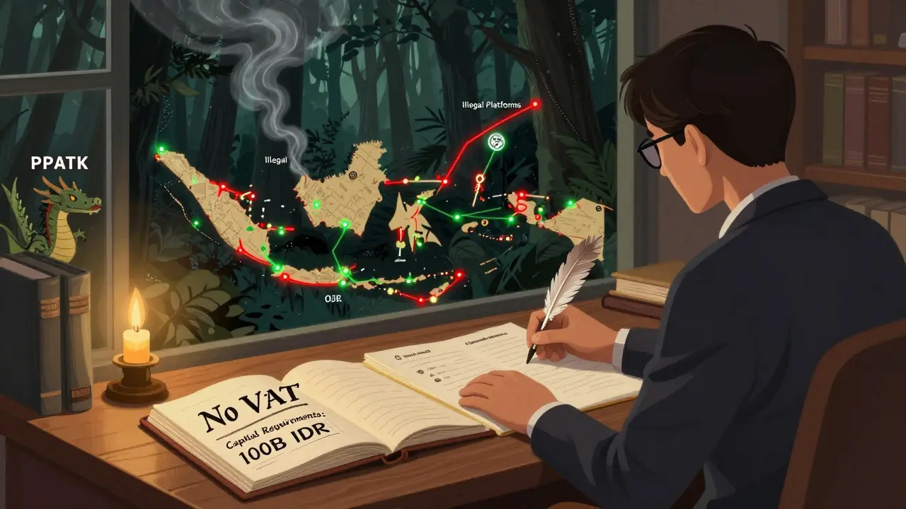 Ein Anleger in einer Bibliothek verfolgt lizenzierte Handelswege auf einer Karte, während ein Drache Transaktionen überwacht.