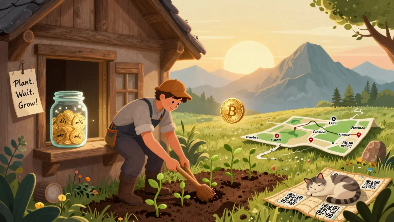 Ein Bauer pflanzt WMX-Token als Samen in einem magischen Feld, während ein Kätzchen auf einem QR-Code-Quilt schläft.