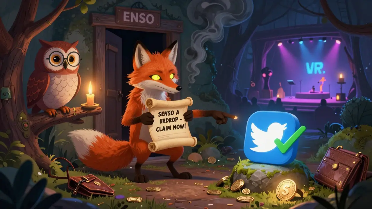 Ein Fuchs hält eine falsche Airdrop-Liste, während eine Eule auf einen echten Twitter-Account zeigt, um Betrug zu vermeiden.