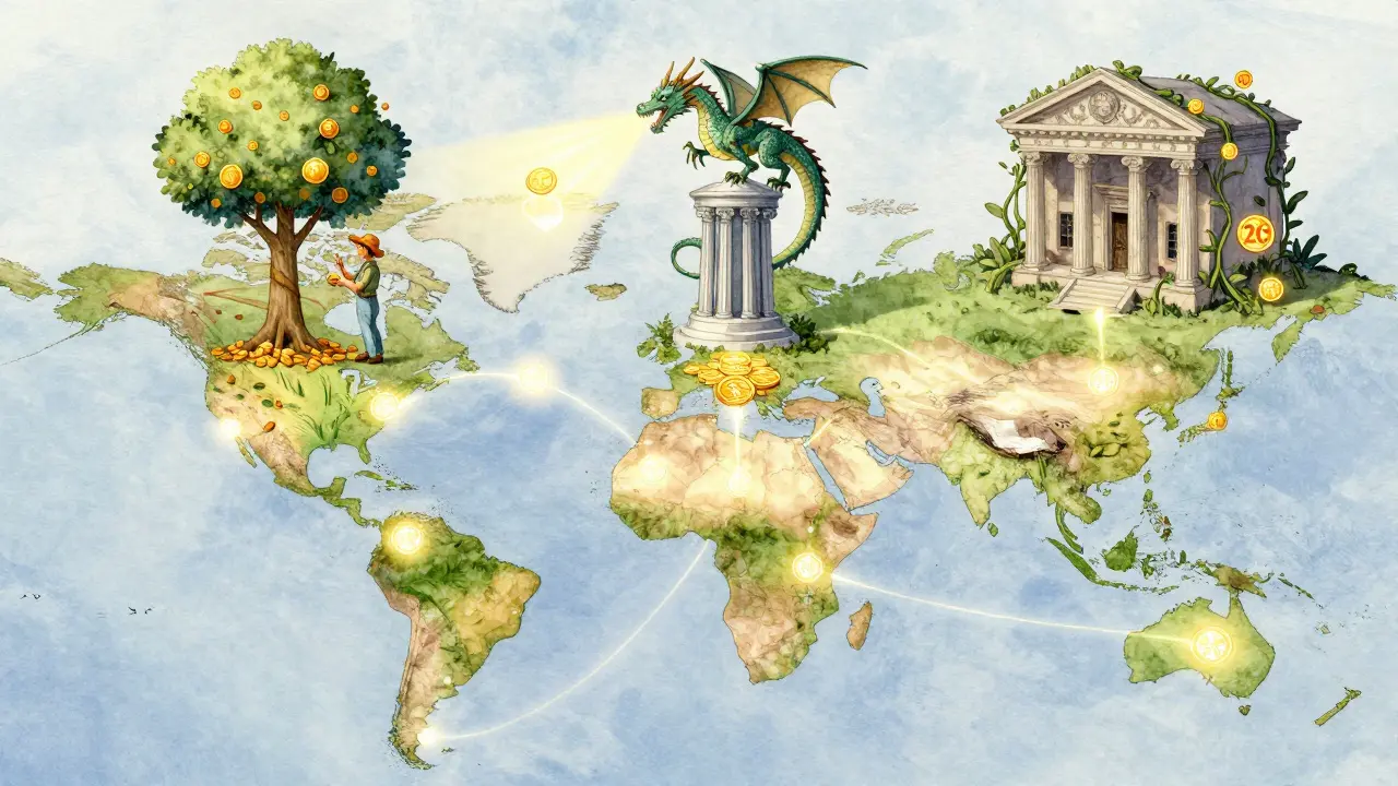 Ein globaler Netzwerkpfad verbindet Bauern, Banken und Token-Strukturen, während alte Finanzgebäude von magischen digitalen Ranken überwuchert werden.