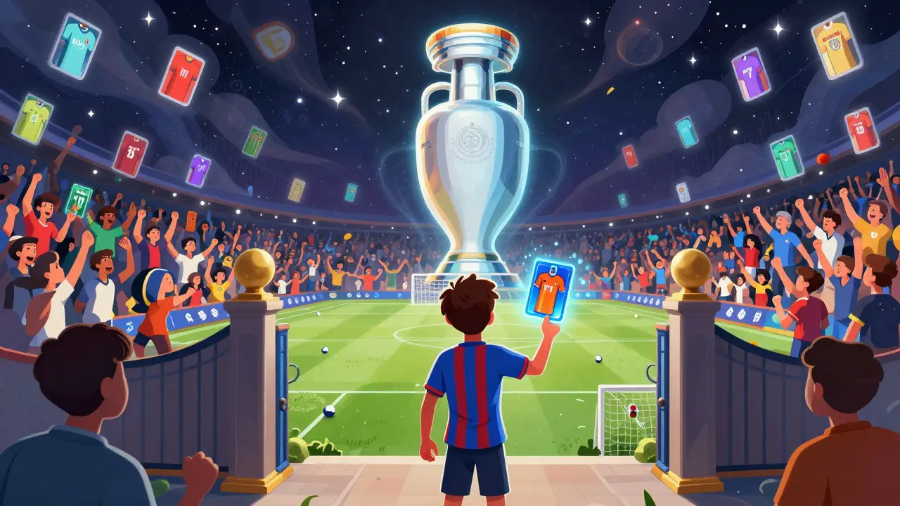 Ein junger Fan vor einem Portal aus dem Euro 2024-Trophäen, während tausende NFTs in der Luft wirbeln.