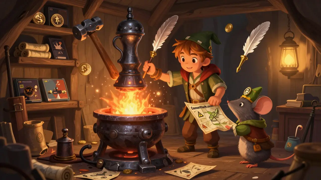 Ein junger Held bringt seine Grafikkarte in eine magische Schmiede, während ein sprechendes Mäuschen eine sichere Website zeigt.